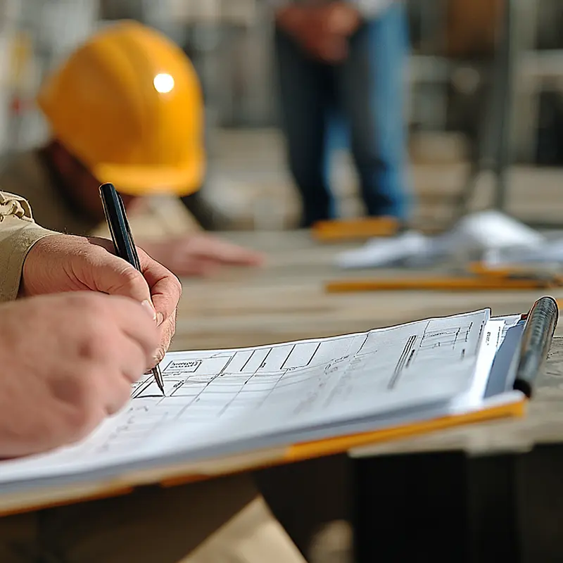 Closeup safety manual guidelines being reviewed by employees