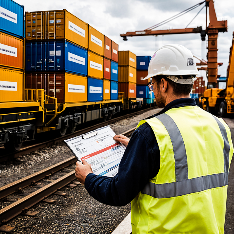 Man in vest looking at clipboard with train in the background