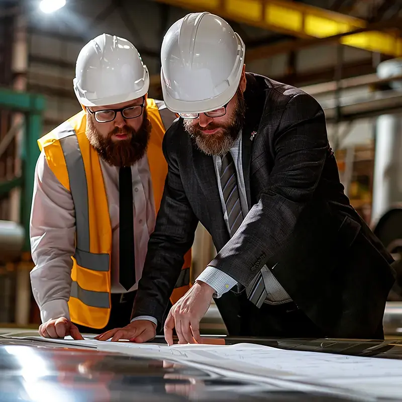 Manager engineer reviewing blueprints in a steel factory